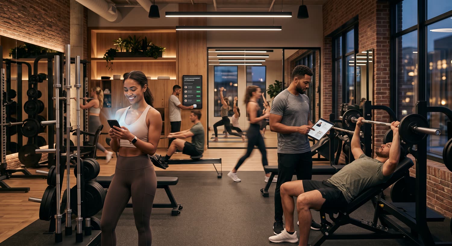 A gym floor with a member checking their app, a trainer reviewing a session on a tablet and a class attendance board on the wall