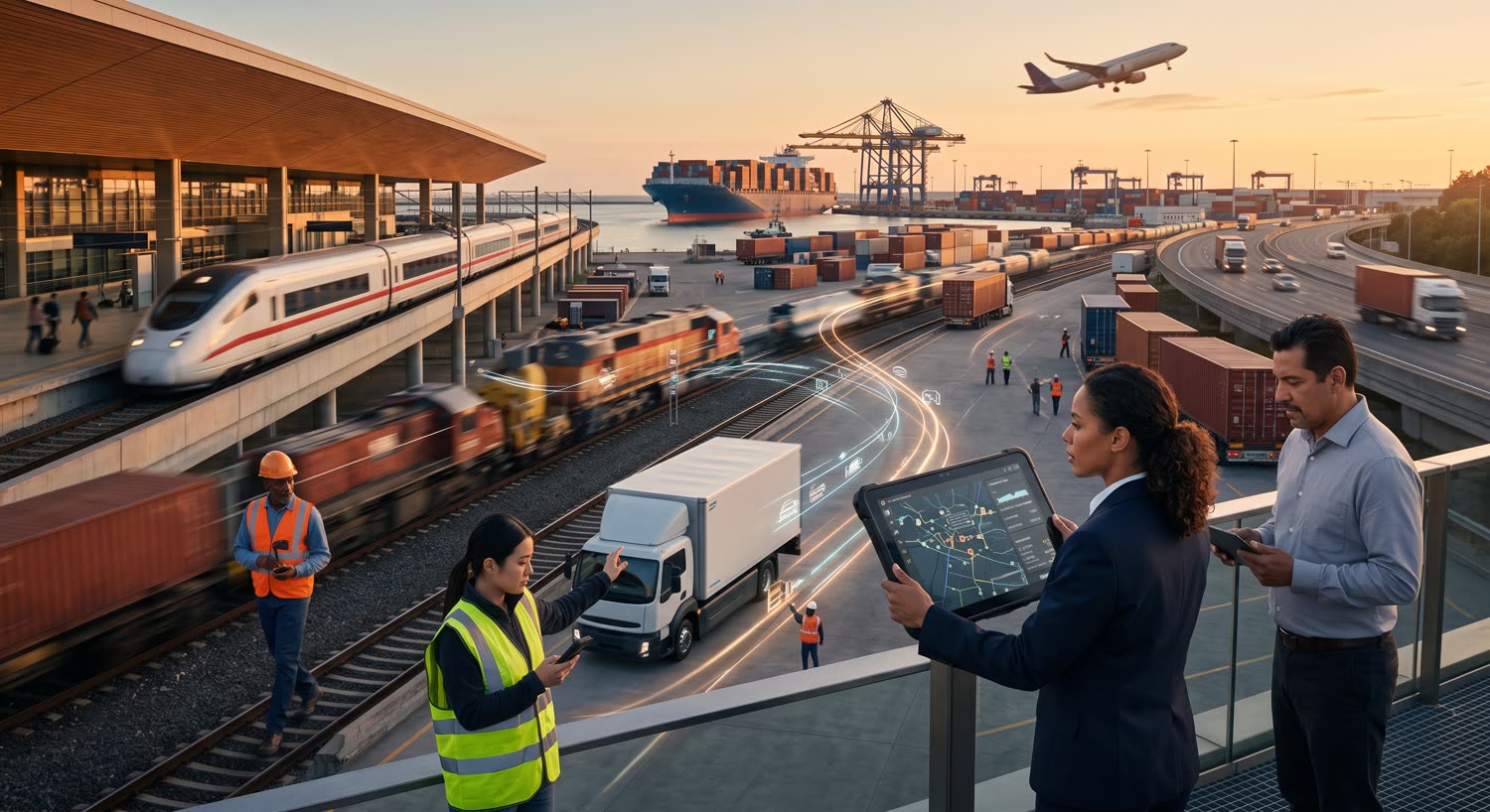 Rail, road, sea and air freight converging at a port, with staff checking live movements on a tablet