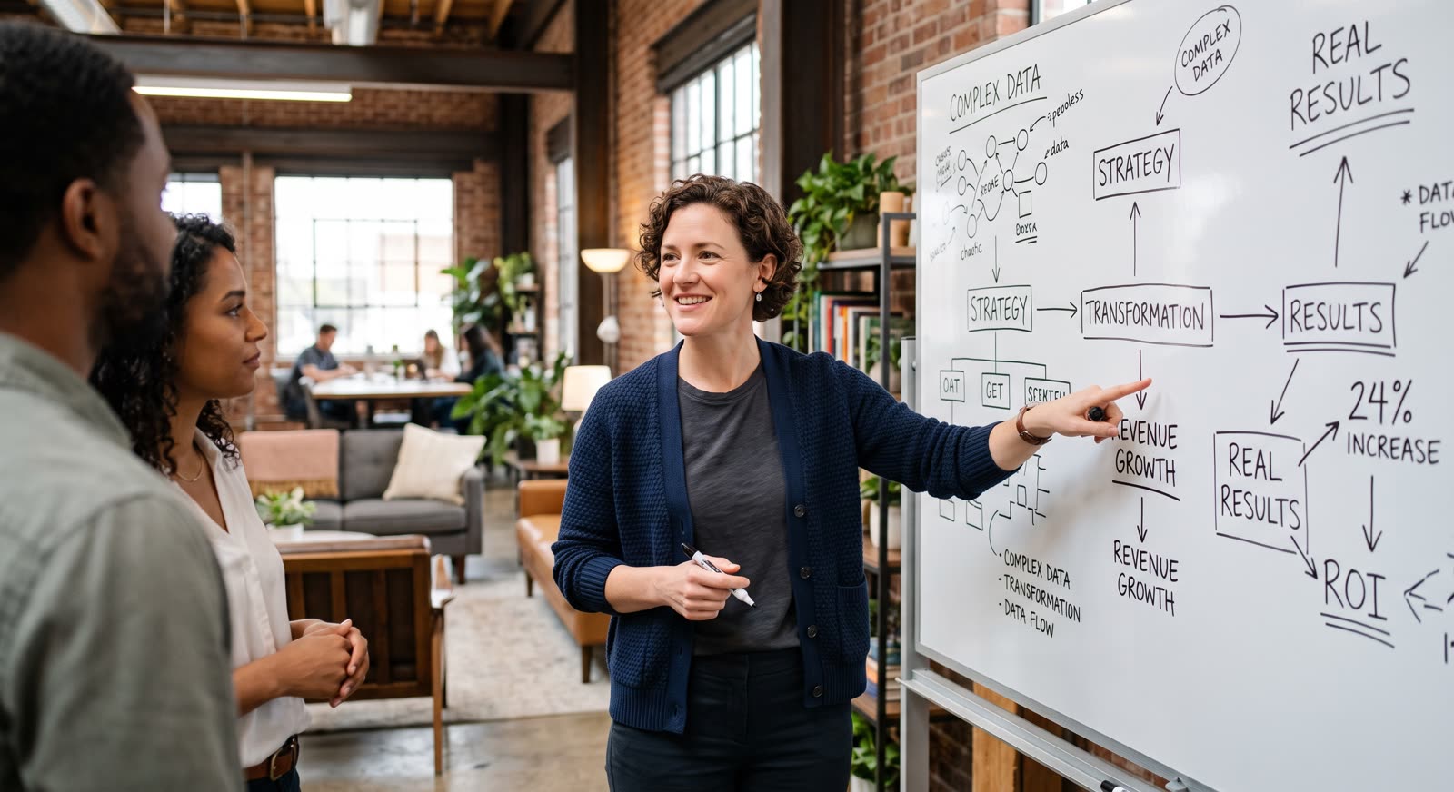 A team at a whiteboard mapping complex data through strategy and transformation to measurable results